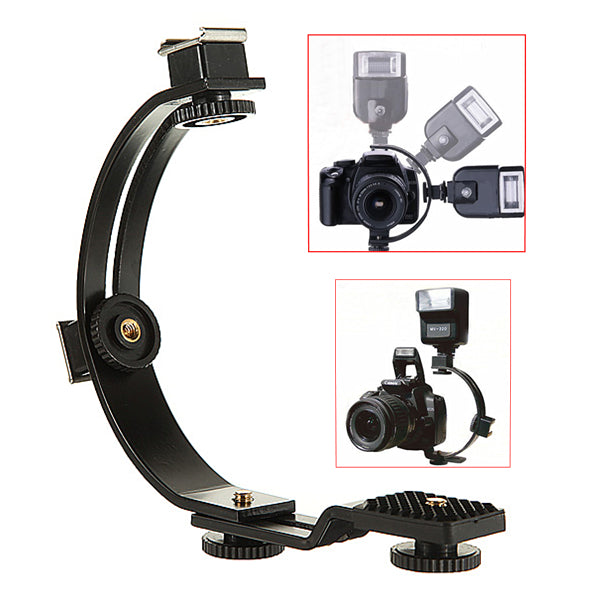 C ShapedDual Hot Shoe Mount Bracket ForNikon Canon Sony Pentax DSLR Camera or Camcorder Accessory Like LED Video Light,Microphone,Monitor,Flash