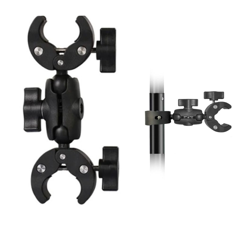 adjustable double clamp mount action camera mount, bike handlebar mount, motorcycle camera bracket, 360 ball head, selfie stick clamp, tripod adapter, aluminium camera holder, studio light clamp, reflector mount, vlog camera stand, dual ball joint, action camera clamp mount, photography light stand clamp.