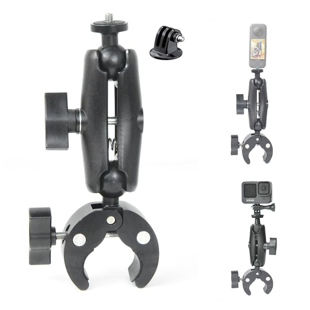 GoPro mount, Insta360 mount, action camera mount, bike handlebar mount, motorcycle mount, camera clamp, aluminum alloy mount, 360° rotating mount, dual ball-head mount, universal camera holder, tripod adapter, selfie stick clamp, CNC mount, alloy camera bracket, quick release mount, non-slip clamp, dual joint mount, adventure camera mount, GoPro handlebar adapter, Insta360 handlebar bracket.