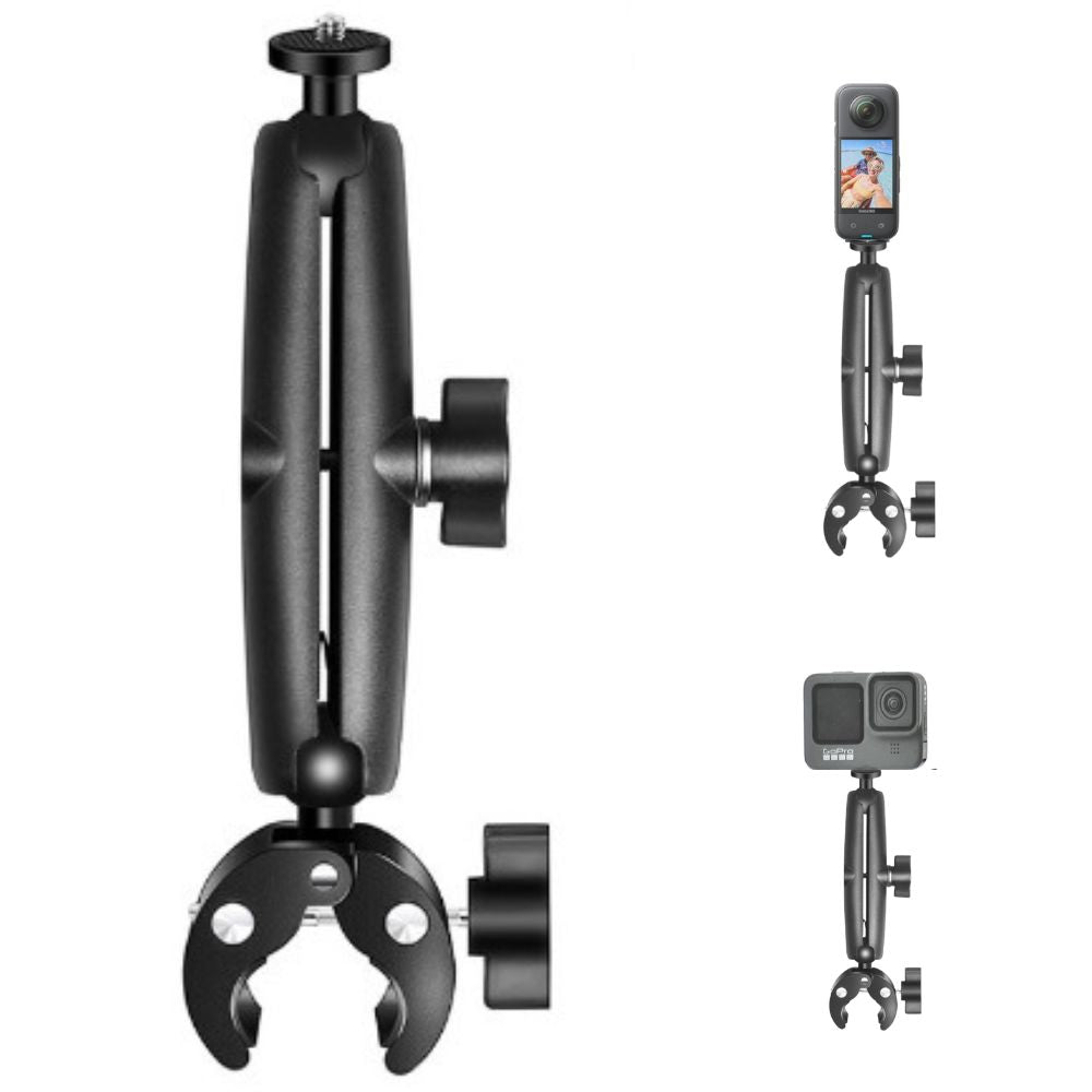 GoPro mount, Insta360 mount, action camera mount, bike handlebar mount, motorcycle mount, camera clamp, aluminum alloy mount, 360° rotating mount, dual ball-head mount, universal camera holder, tripod adapter, selfie stick clamp, CNC mount, alloy camera bracket, quick release mount, non-slip clamp, dual joint mount, adventure camera mount, GoPro handlebar adapter, Insta360 handlebar bracket.