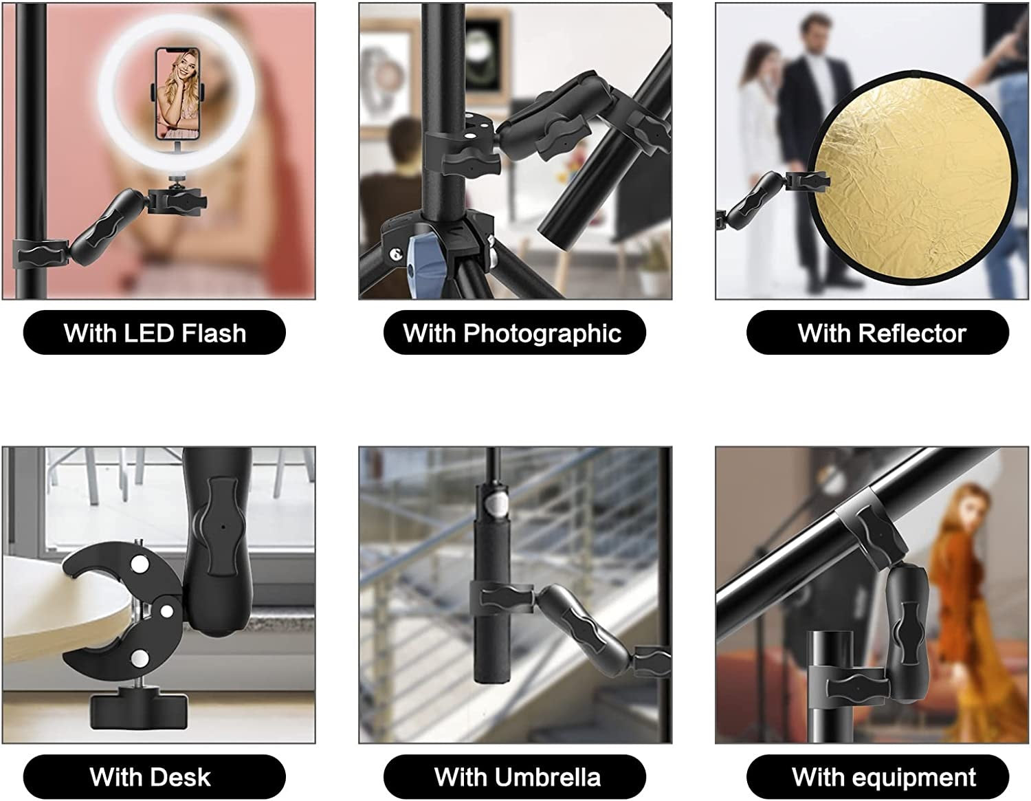 adjustable double clamp mount action camera mount, bike handlebar mount, motorcycle camera bracket, 360 ball head, selfie stick clamp, tripod adapter, aluminium camera holder, studio light clamp, reflector mount, vlog camera stand, dual ball joint, action camera clamp mount, photography light stand clamp.