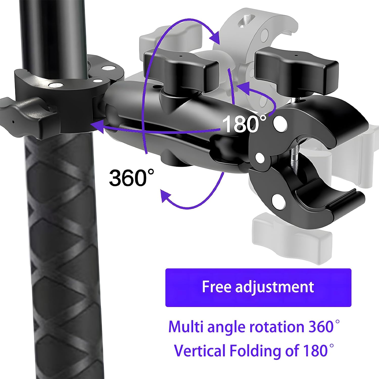 adjustable double clamp mount action camera mount, bike handlebar mount, motorcycle camera bracket, 360 ball head, selfie stick clamp, tripod adapter, aluminium camera holder, studio light clamp, reflector mount, vlog camera stand, dual ball joint, action camera clamp mount, photography light stand clamp.
