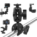 GoPro mount, Insta360 mount, action camera mount, bike handlebar mount, motorcycle mount, camera clamp, aluminum alloy mount, 360° rotating mount, dual ball-head mount, universal camera holder, tripod adapter, selfie stick clamp, CNC mount, alloy camera bracket, quick release mount, non-slip clamp, dual joint mount, adventure camera mount, GoPro handlebar adapter, Insta360 handlebar bracket.