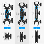 adjustable double clamp mount action camera mount, bike handlebar mount, motorcycle camera bracket, 360 ball head, selfie stick clamp, tripod adapter, aluminium camera holder, studio light clamp, reflector mount, vlog camera stand, dual ball joint, action camera clamp mount, photography light stand clamp.