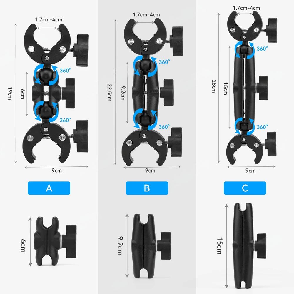 adjustable double clamp mount action camera mount, bike handlebar mount, motorcycle camera bracket, 360 ball head, selfie stick clamp, tripod adapter, aluminium camera holder, studio light clamp, reflector mount, vlog camera stand, dual ball joint, action camera clamp mount, photography light stand clamp.