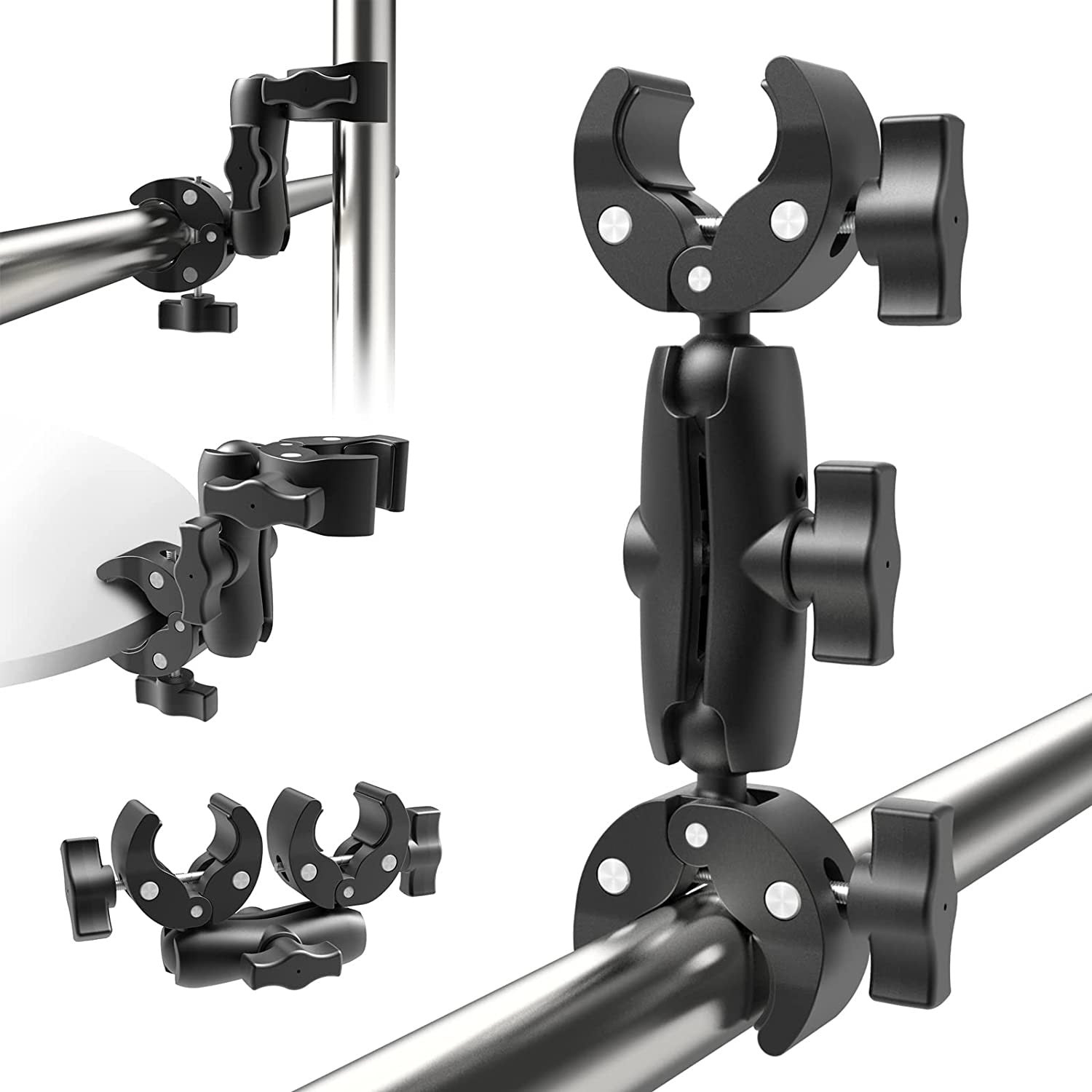 adjustable double clamp mount action camera mount, bike handlebar mount, motorcycle camera bracket, 360 ball head, selfie stick clamp, tripod adapter, aluminium camera holder, studio light clamp, reflector mount, vlog camera stand, dual ball joint, action camera clamp mount, photography light stand clamp.