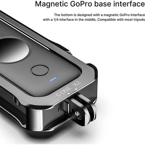 Metal camera cage with accessory mounting options for Insta360 X2