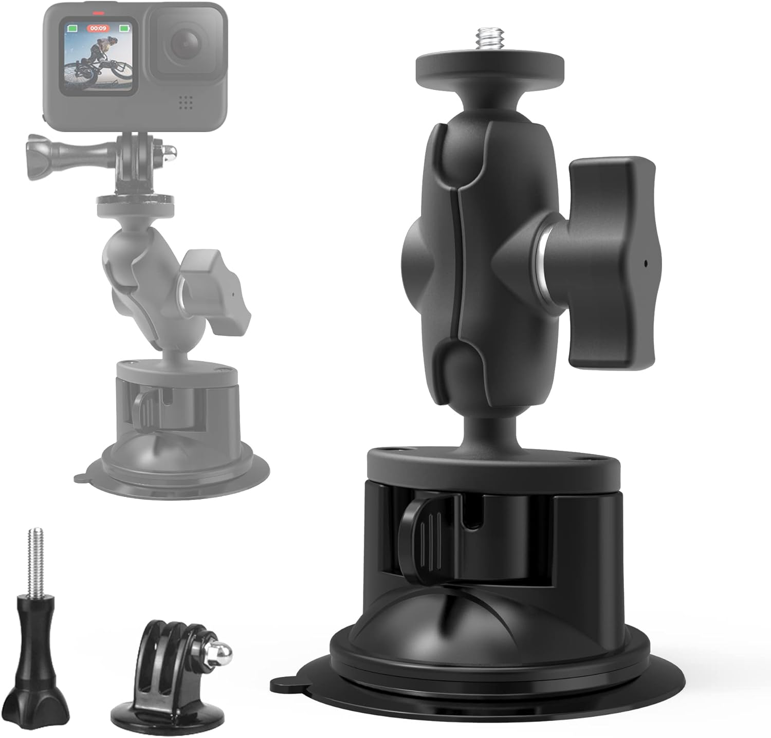 Car Suction Mount, GoPro Insta360 DJI Action Camera Phone Holder, 360 Rotatable, Heavy Duty, Windshield