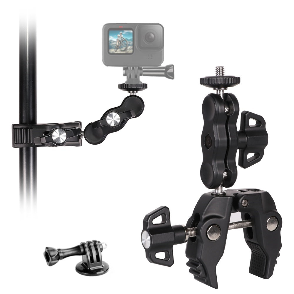 Camera Clamp Handlebar Bike Mount 360° Double Ballhead Magic Arm with 1/4