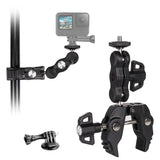 Camera Clamp Handlebar Bike Mount 360° Double Ballhead Magic Arm with 1/4"-20 & 3/8”-16 Thread for Motorcycle Monitor Go Pro, Insta 360 & Other Action Cameras, DSLR Camera Accessories.