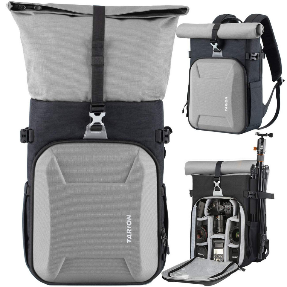 rolltop hardshell camera backpack with laptop compartment