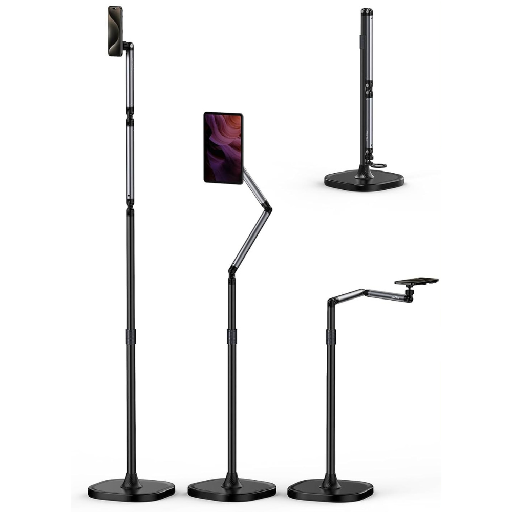 Magnetic phone and tablet floor stand with adjustable aluminum holder