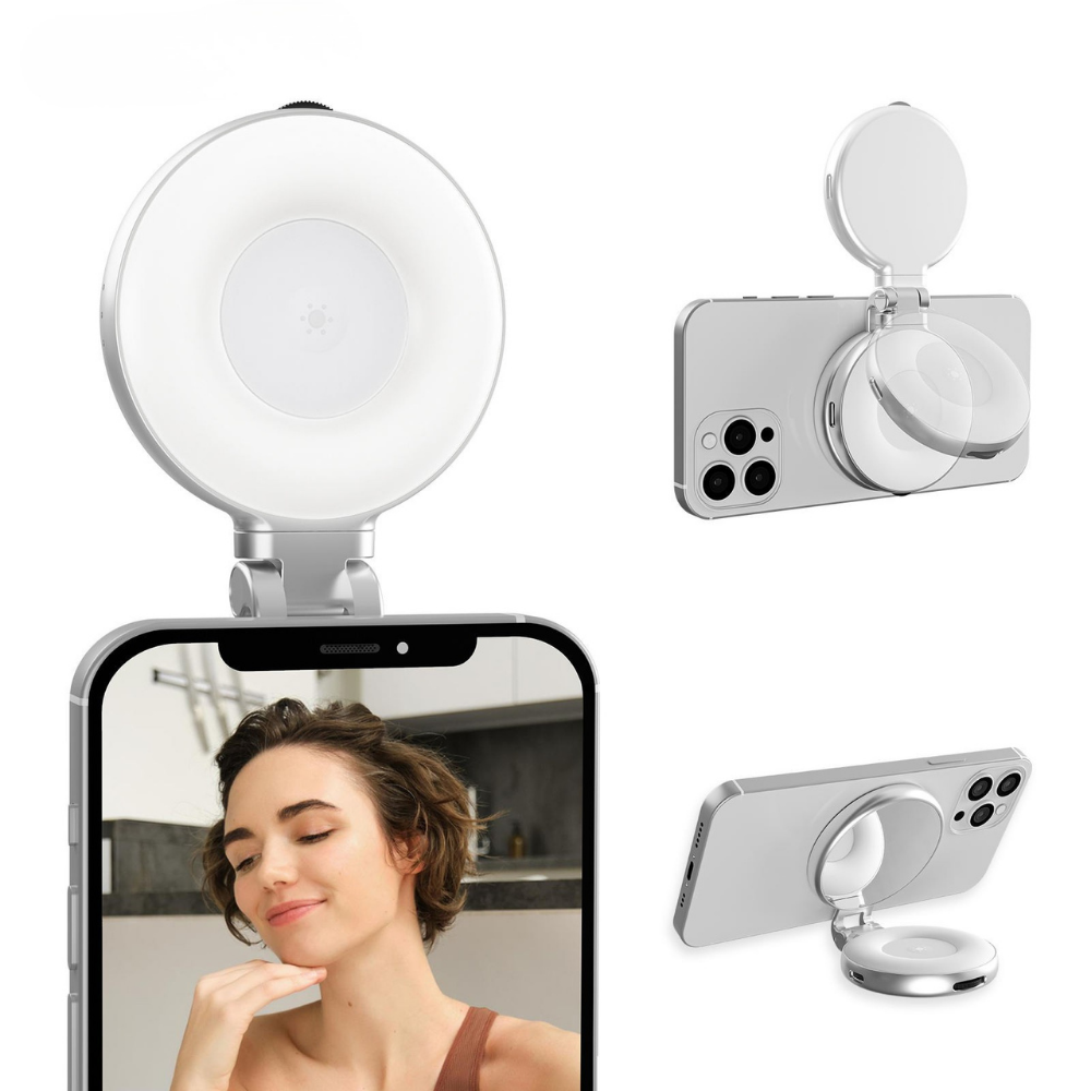 Magnetic selfie ring light attached to smartphone for photos and videos