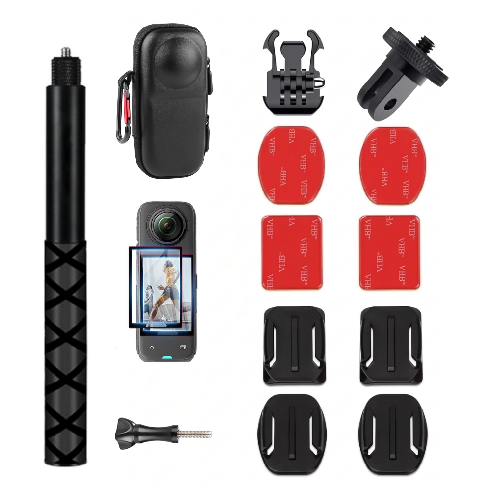 Insta360 X5 accessory kit with selfie stick and carry case