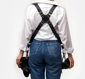 Dual Shoulder Camera Strap Harness – Quick Release Leather Holder