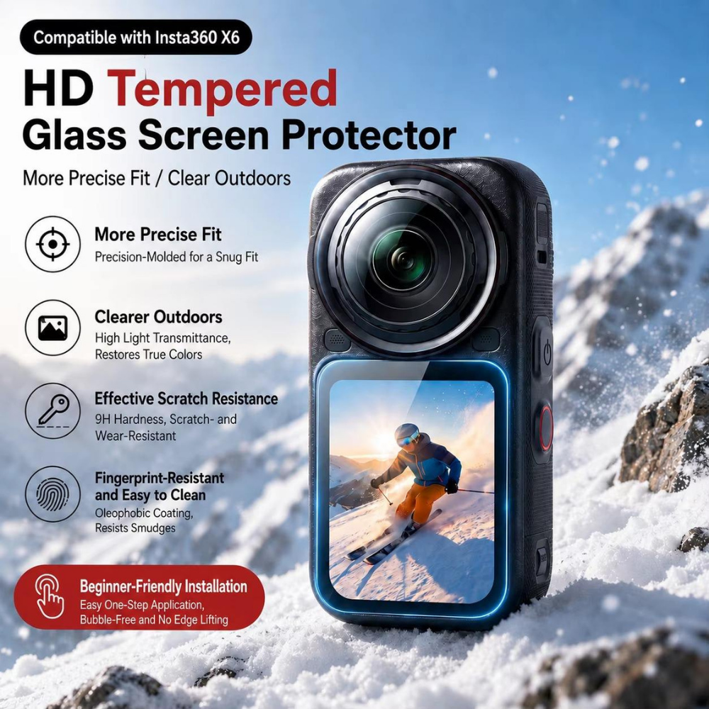 Tempered Glass Screen Protector for Insta360 X6 full screen coverage