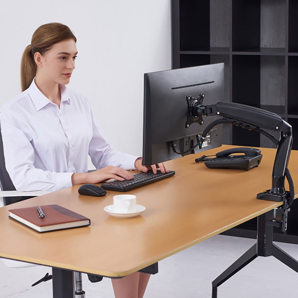 Desk stand mount with tilt, swivel, and rotation adjustment