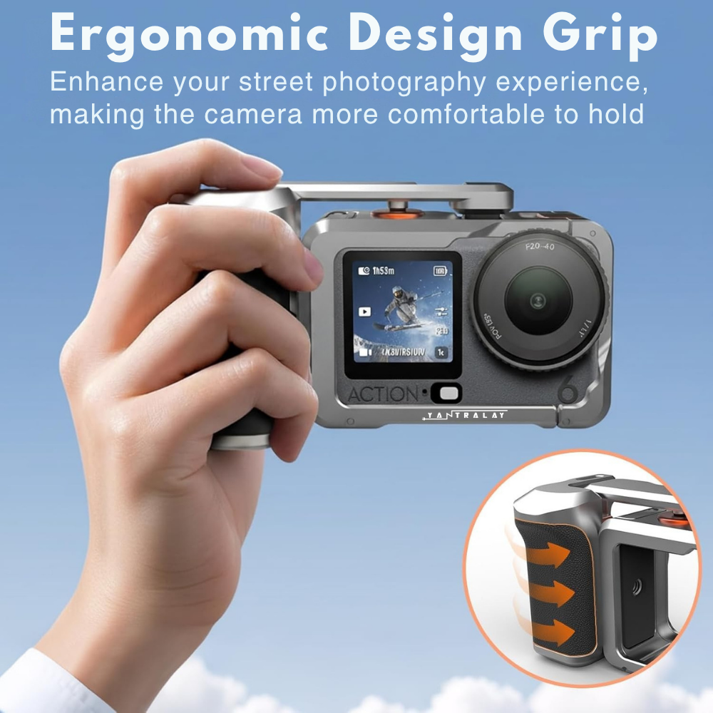 action camera cage with ergonomic handle grip