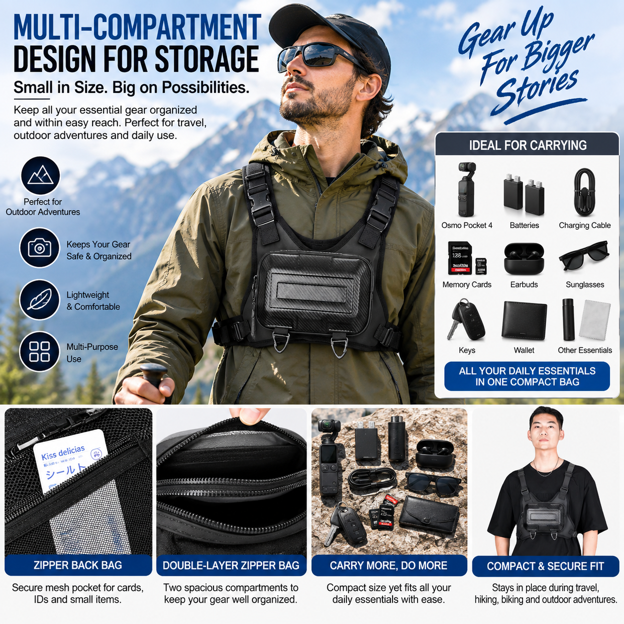 Hard shell chest rig bag with breathable mesh back support