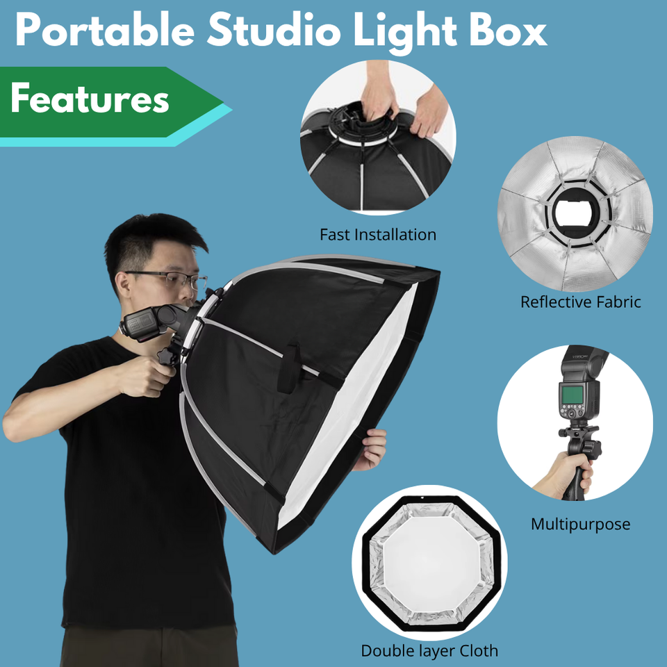 Portable studio softbox with reflective silver interior diffuser