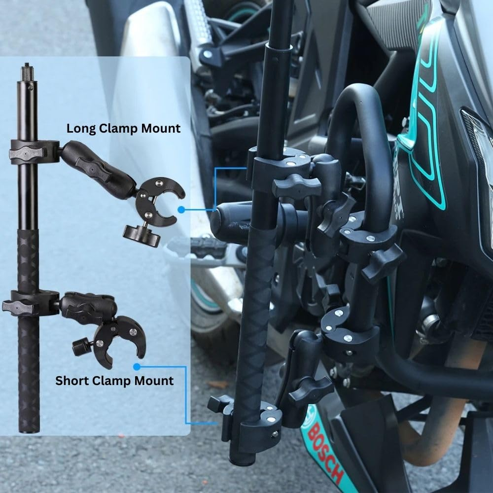 Long and short clamp mounts for motorcycle handlebars and crash guards