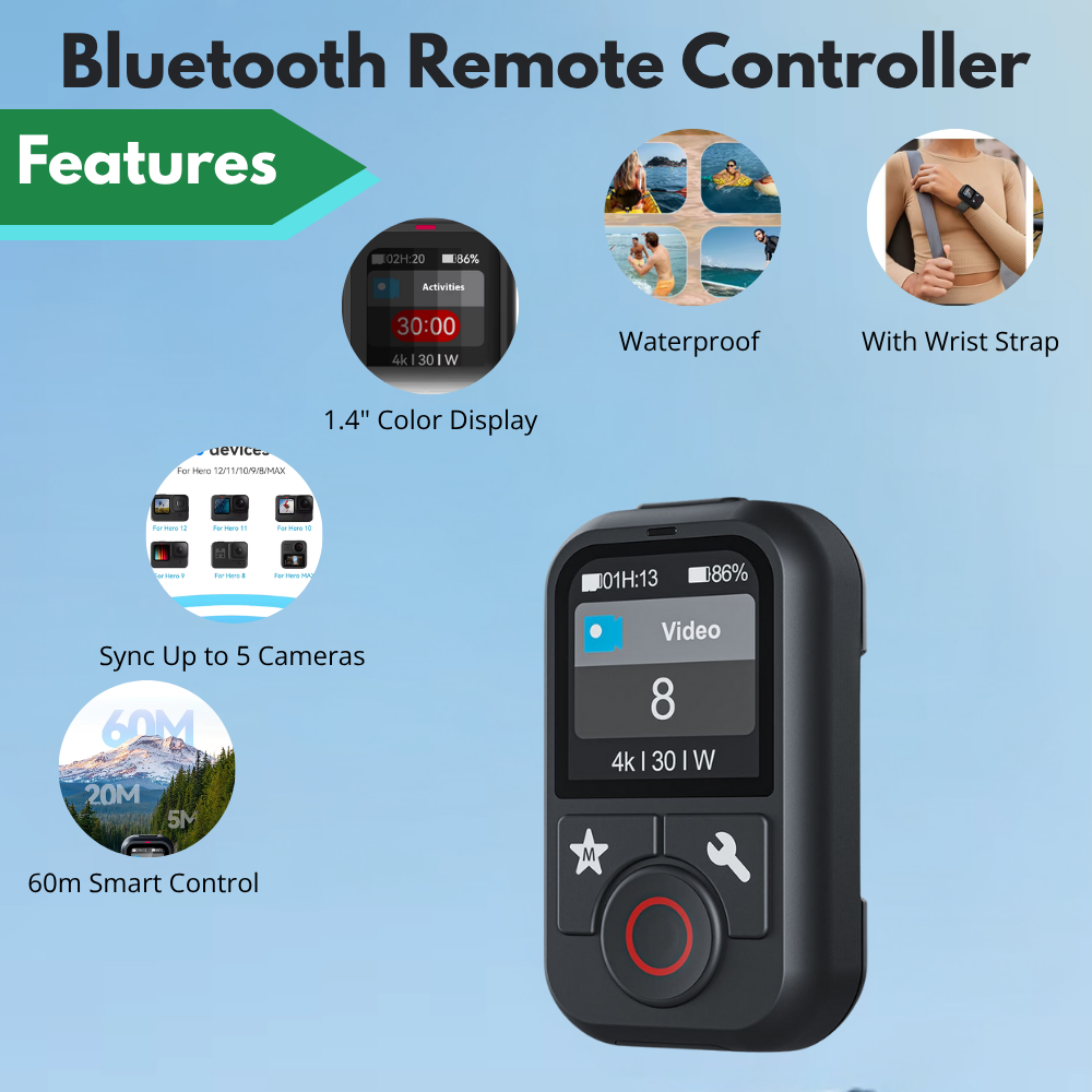 Smart waterproof GoPro remote with 1.4-inch color screen display