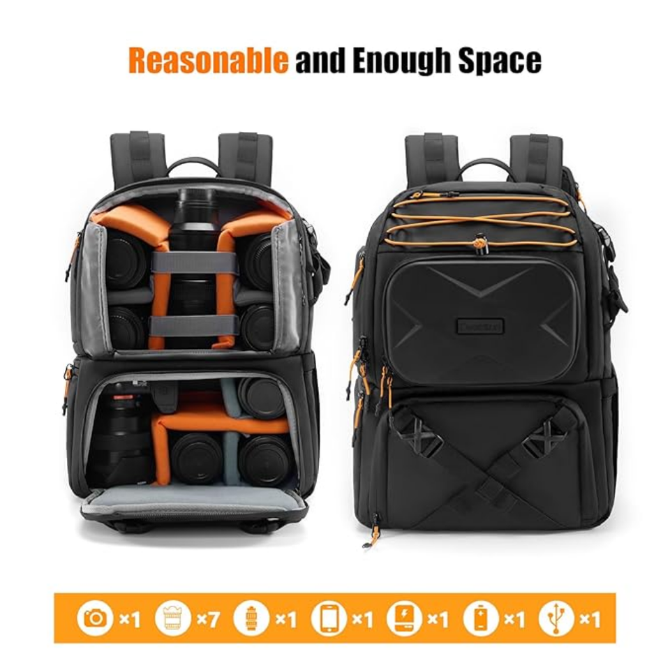 Dual-compartment DSLR backpack for photographers with 15.6-inch laptop sleeve