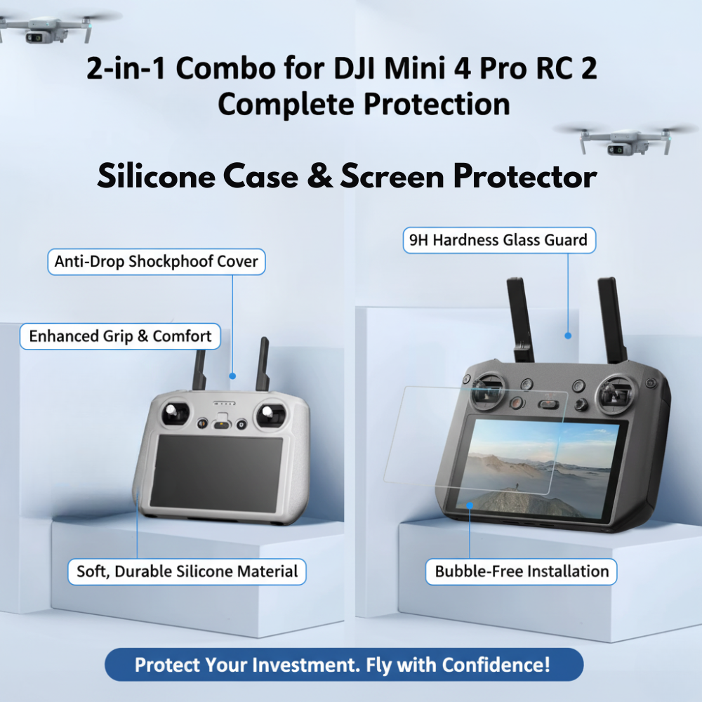 DJI Mini 4 Pro RC2 silicone case and 9H tempered glass screen guard