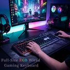 Full size RGB wired gaming keyboard with 104 keys and rainbow backlit design