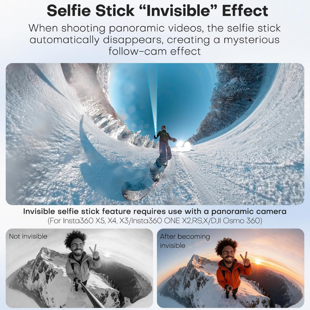 Invisible Selfie Stick for 360 Cameras | Lightweight Aluminum Extension Pole with 1/4 Mount | Compatible with Insta360 X5/ X4/X3, DJI Osmo 360 and GoPro Max