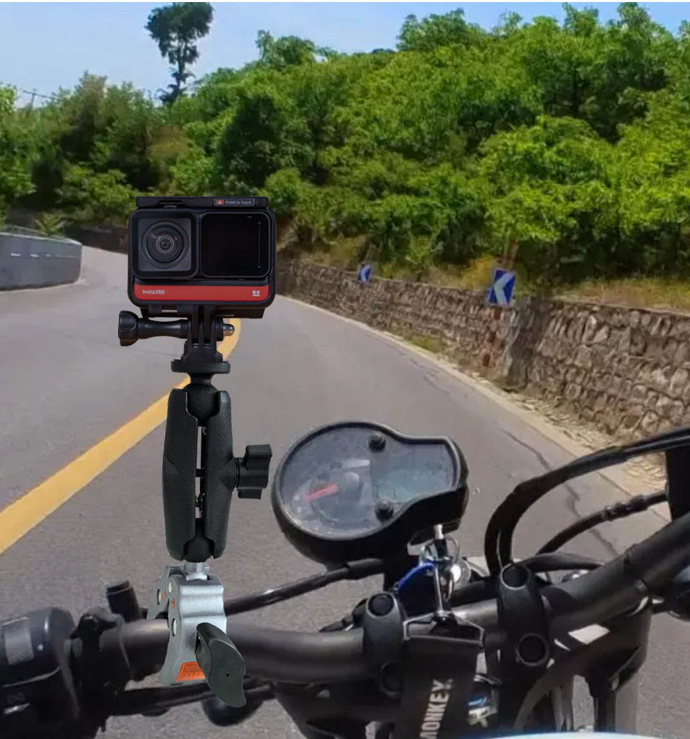 action camera mount, bike camera mount, handlebar camera mount, aluminium clamp mount, motorcycle camera mount, go pro handlebar mount, double clamp mount, double clamp bike mount, double clamp full aluminium mount