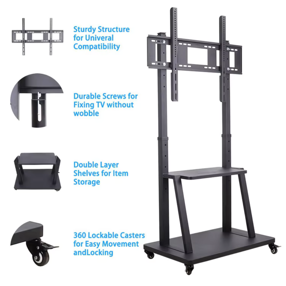 Heavy-duty steel TV trolley with tilt and swivel function