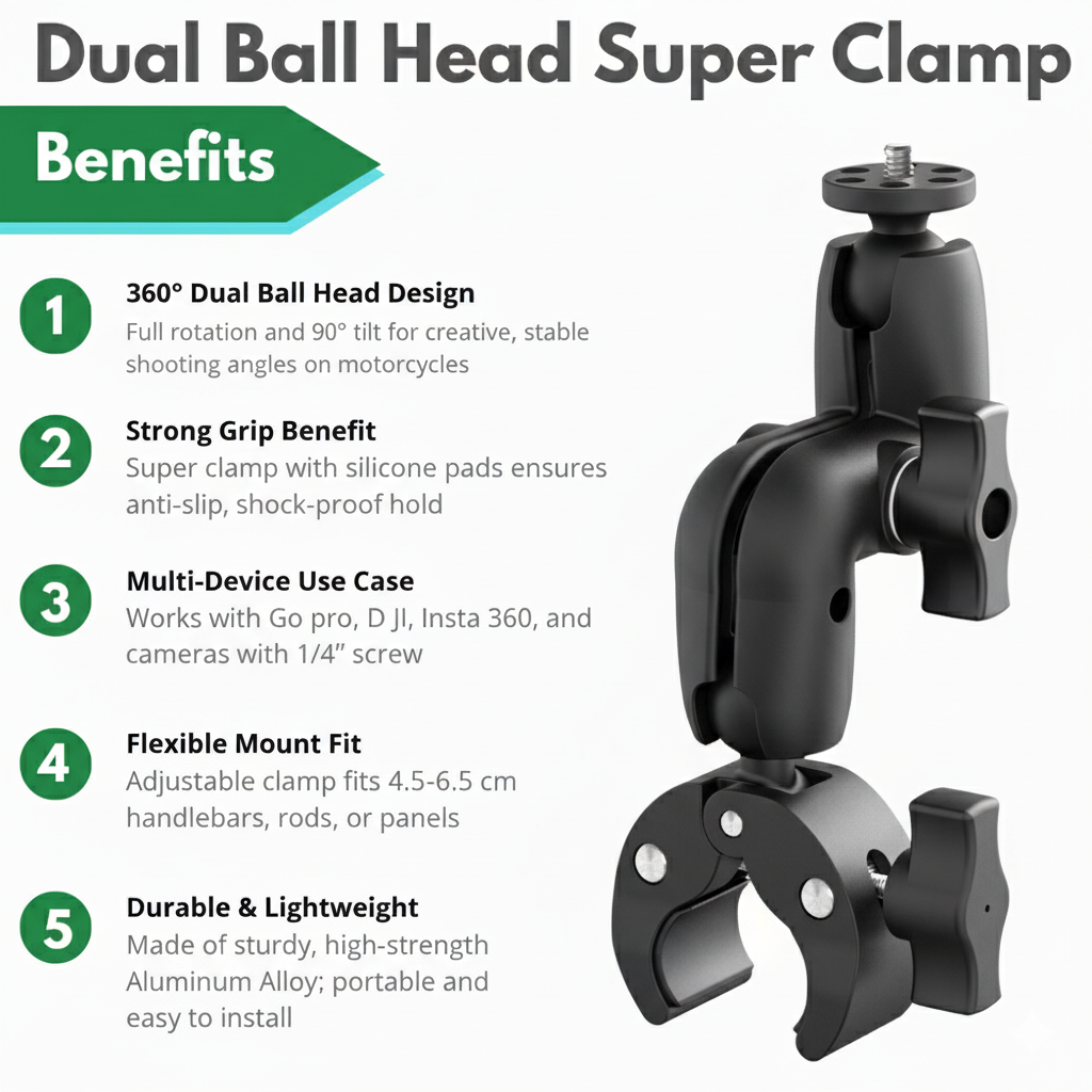 Motorcycle handlebar camera mount with 1/4 inch screw adapter