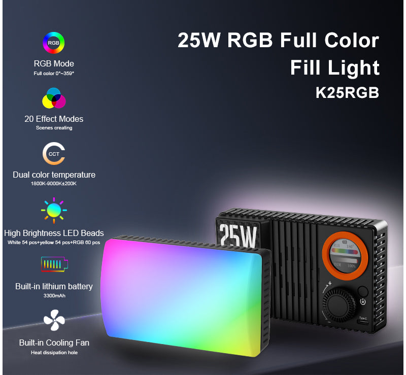 High brightness 25W RGB LED video light with built-in battery