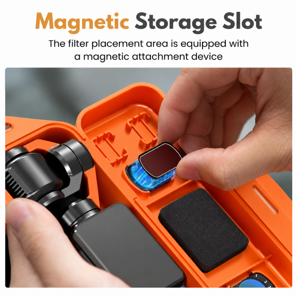 Compact camera storage box with magnetic filter slots