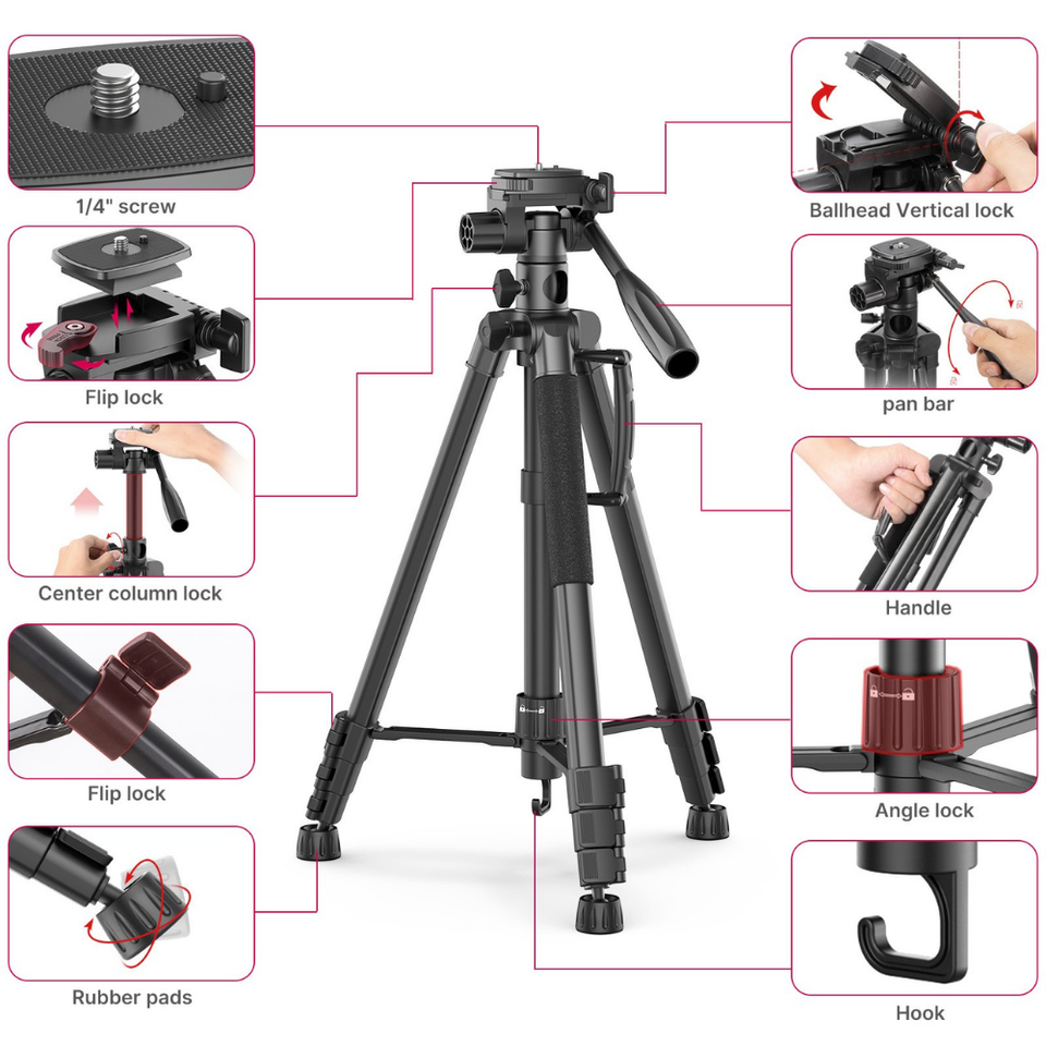 Adjustable aluminium tripod with monopod mode and quick release