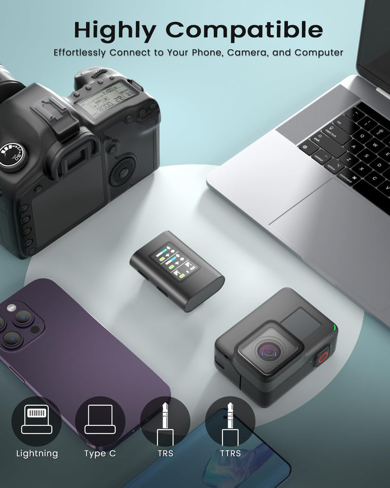 Noise cancelling wireless mic with display receiver and adapter