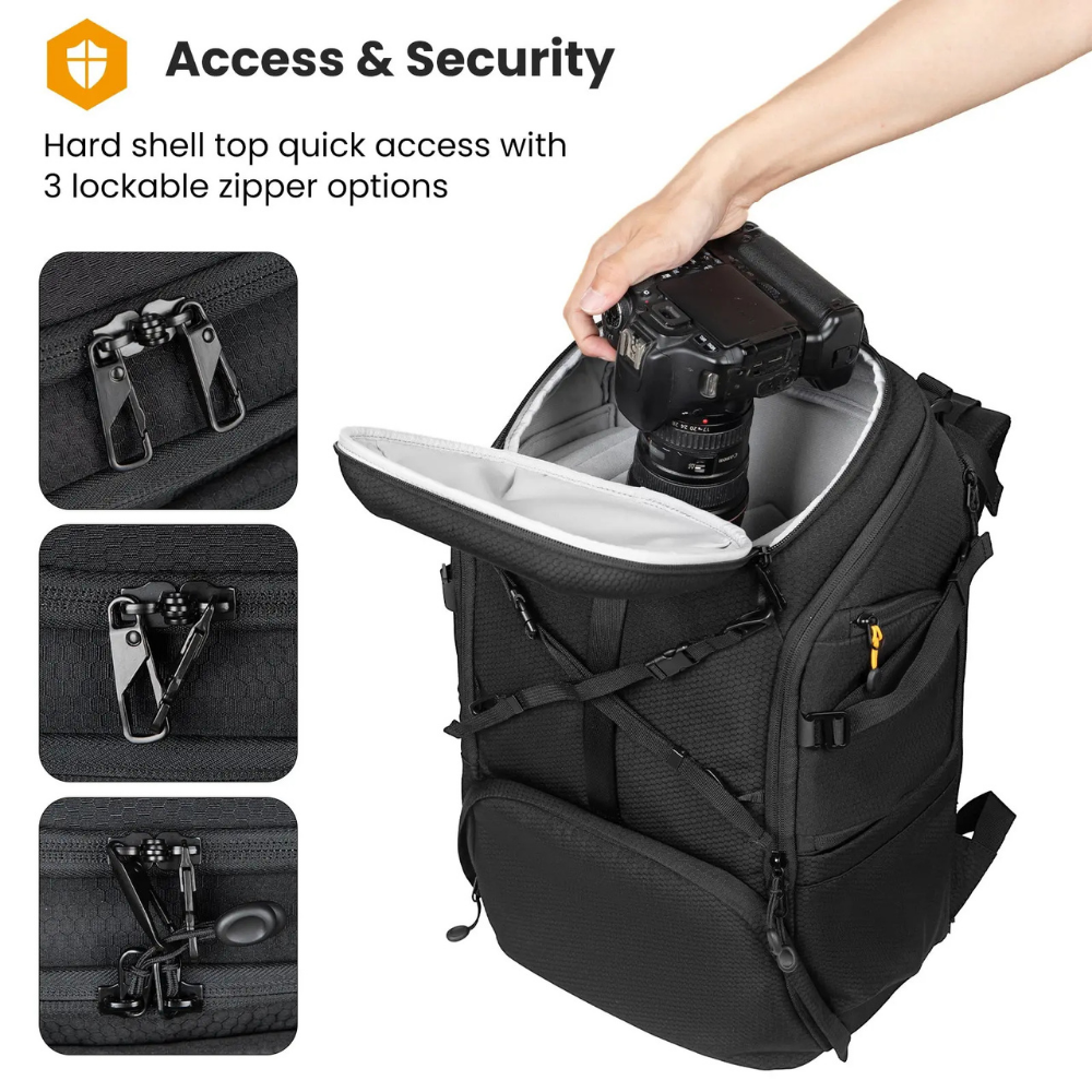 photography backpack holding 2 cameras and 8 lenses