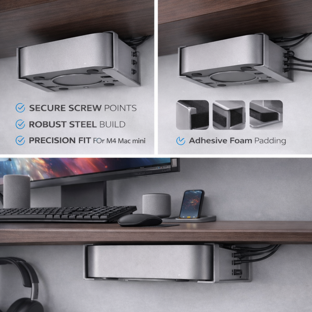 Mac Mini M4 Under Desk & VESA Wall Mount Bracket (Silver)
