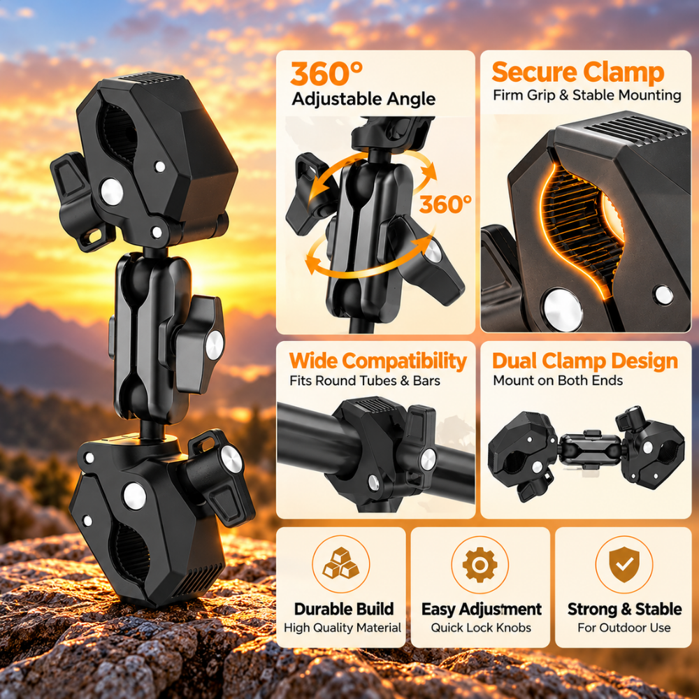 Dual Ball Head Clamp Mount | 360° Bike & Motorcycle Handlebar