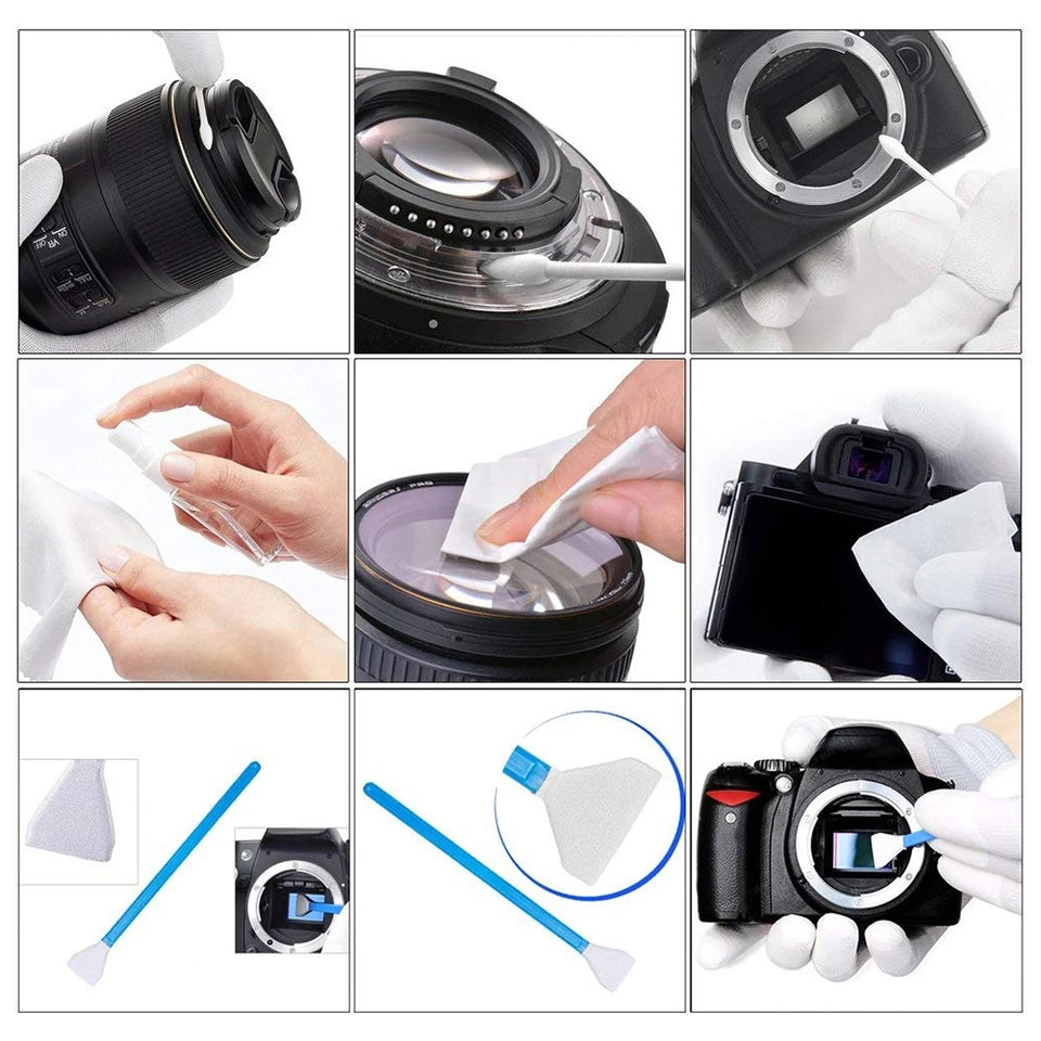Camera and filter cleaning accessories set with air blower and brush