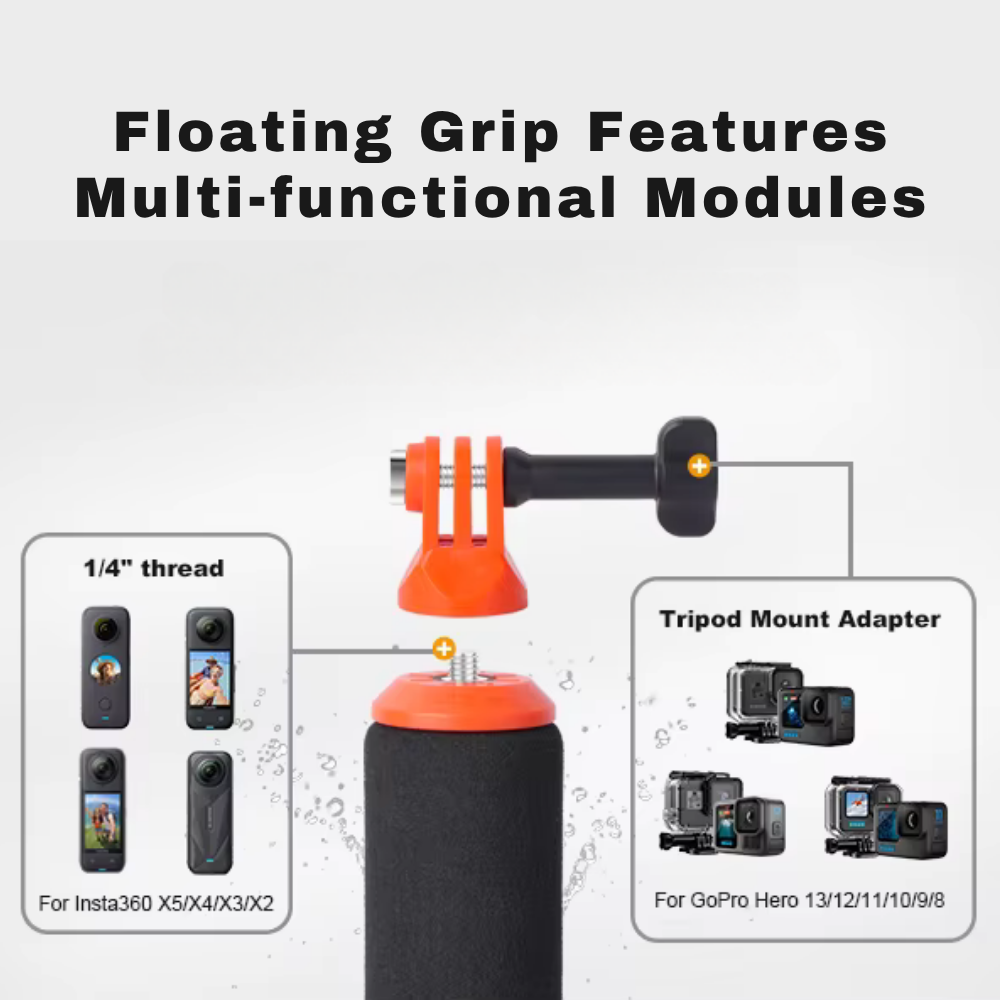 Floating selfie stick for GoPro, DJI Osmo, and Insta360 cameras