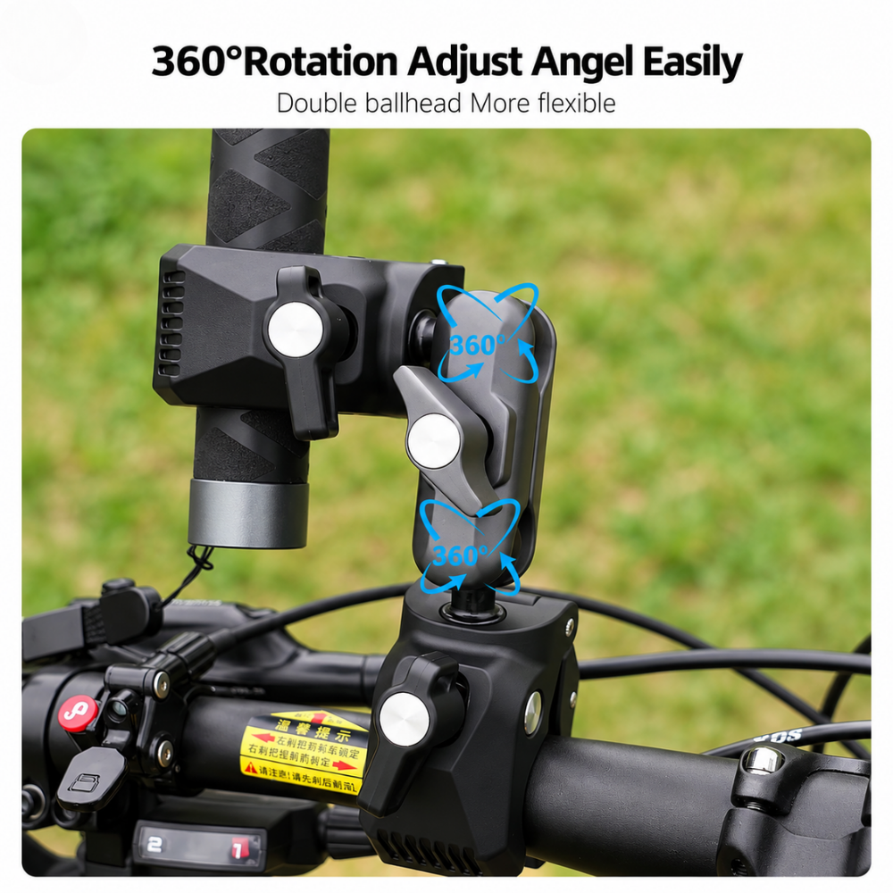 Dual Ball Head Clamp Mount | 360° Bike & Motorcycle Handlebar