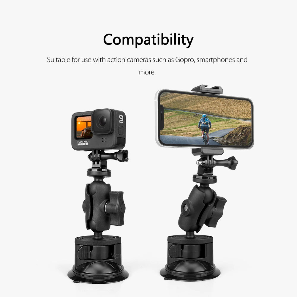 Car Suction Mount, GoPro Insta360 DJI Action Camera Phone Holder, 360 Rotatable, Heavy Duty, Windshield