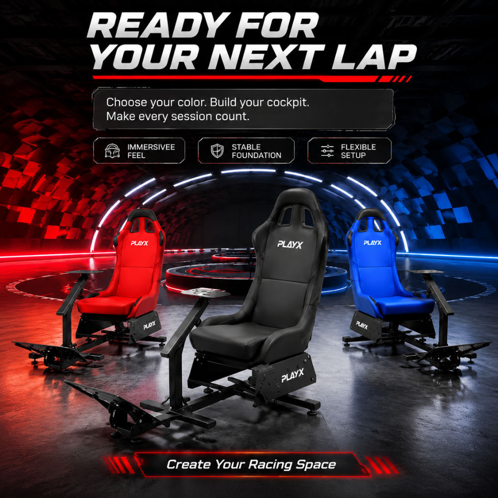 Foldable racing simulator seat with steering wheel stand