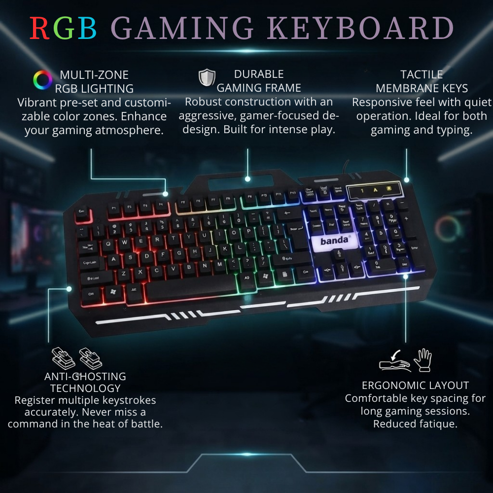 Full size USB gaming keyboard with colorful LED backlighting and numeric keypad