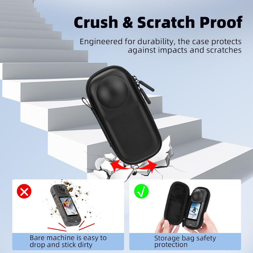 Insta360 camera case with selfie stick storage section