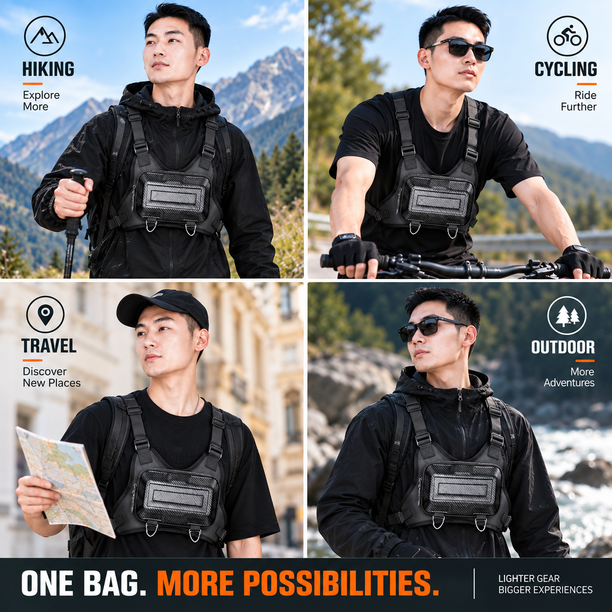 Waterproof rider chest bag with adjustable vest straps