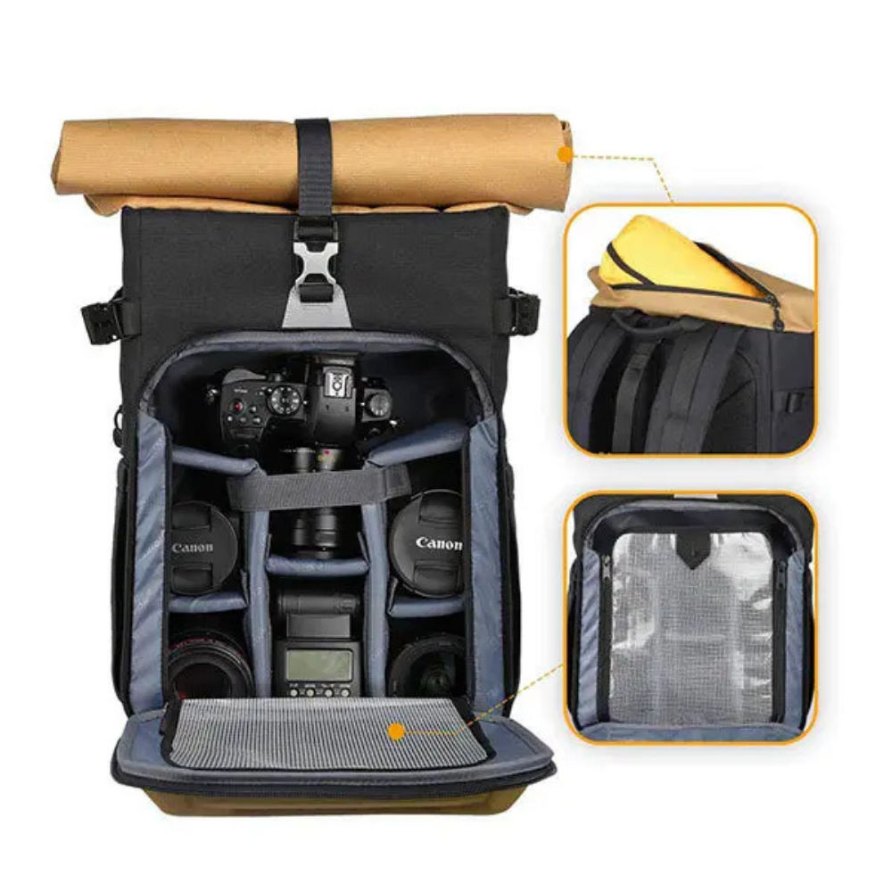 Professional camera backpack with padded dividers and laptop sleeve