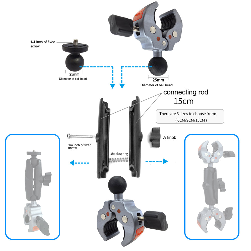 action camera mount, bike camera mount, handlebar camera mount, aluminium clamp mount, motorcycle camera mount, go pro handlebar mount, double clamp mount, double clamp bike mount, double clamp full aluminium mount